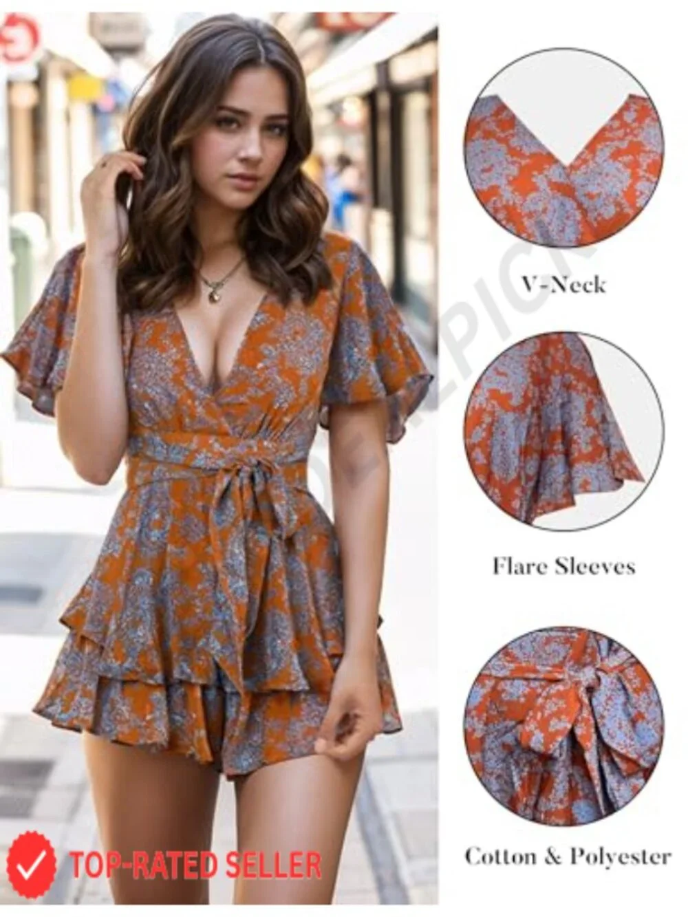Women's Floral V-Neck Romper Ruffle Hem Jumpsuit Short Flare Sleeve Waist Tie